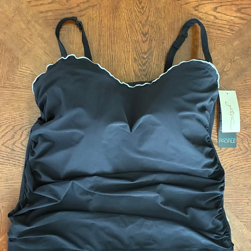 Profile‎ by Gottex Tankini 22W Black Ruched Lettuce Trim Swimsuit NWT*Read*